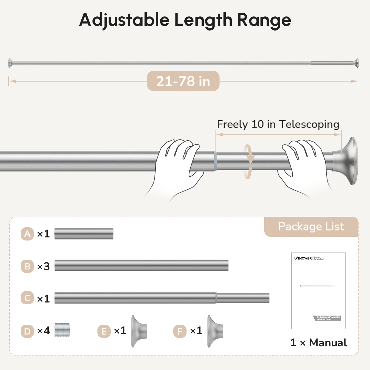USHOWER Matuko Series – Brushed Nickel Shower Curtain Rod Easy to Adjust Length from 21 to 78 Coming with User Manual