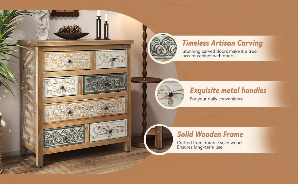 Vintage Wooden Accent Chest with 6 Drawers – Rustic Carved Storage Cabinet with Multicolor Finish for Bedroom & Living Room Decor
