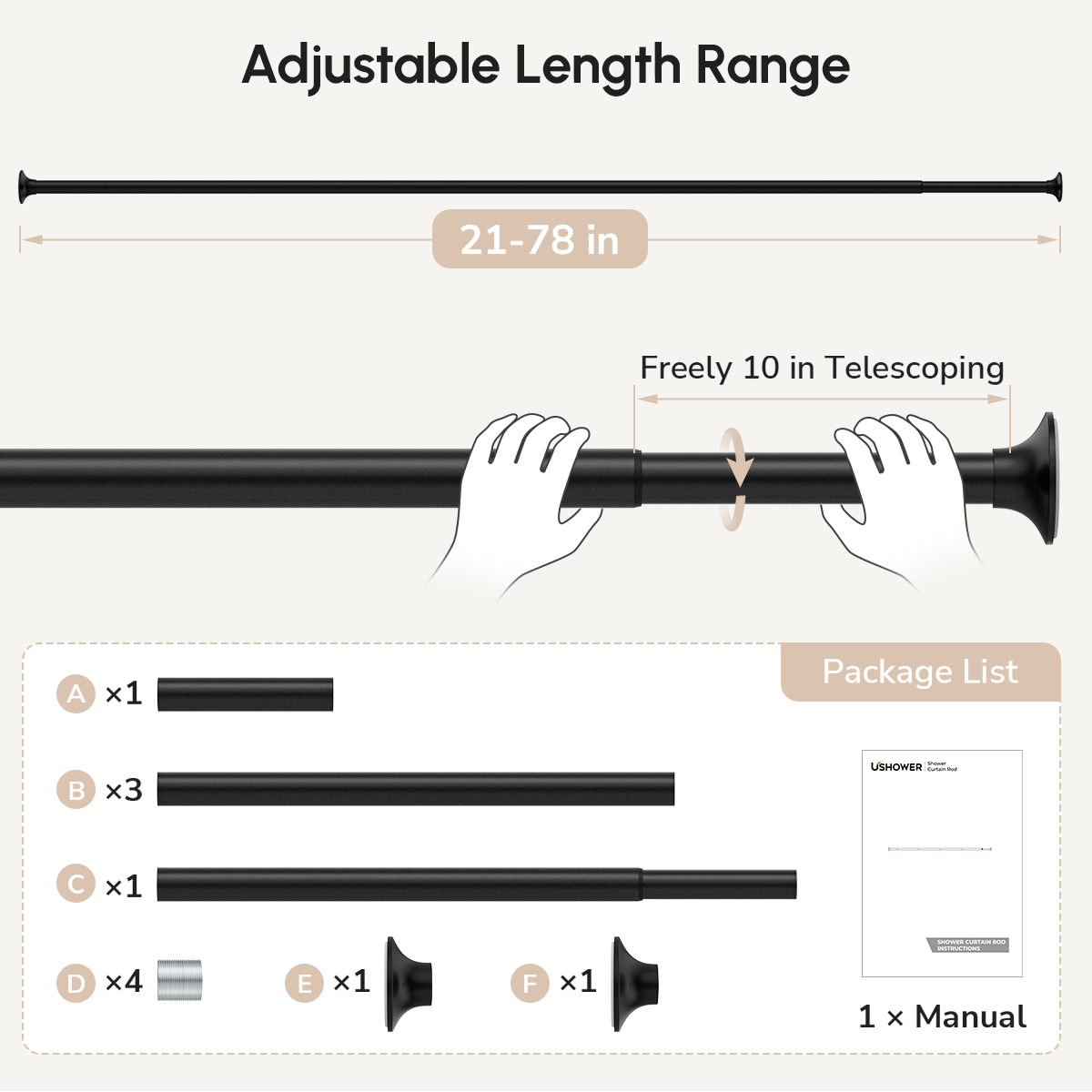 USHOWER Matuko Series – Matte Black Shower Curtain Rod Easy to Adjust Length from 21 to 78 Coming with User Manual