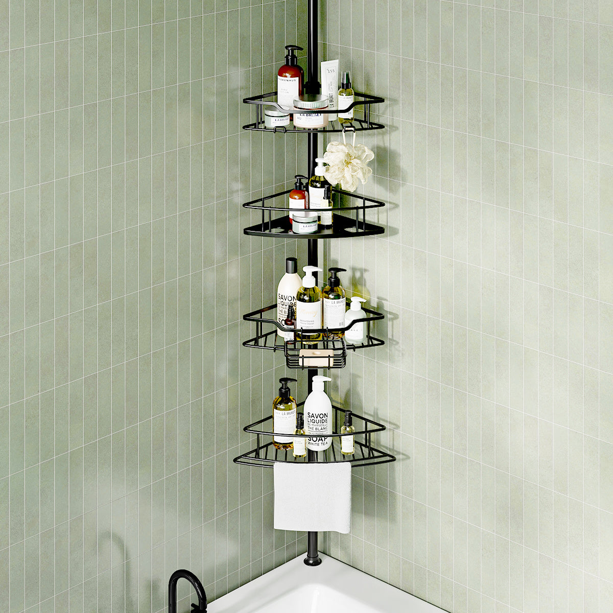 USHOWER Stokado Corner Shower Caddy Tension Pole Matte Black in Bathtub Corner Holding Shampoo, Soap, and Toiletries