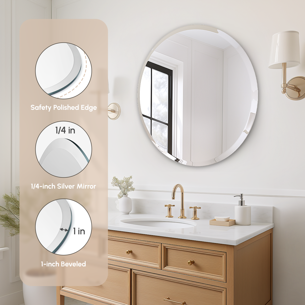 USHOWER Kadra Series 30 Frameless Round Bathroom Mirror with Polished Edge, Beveled Silver Surface, Modern Setting