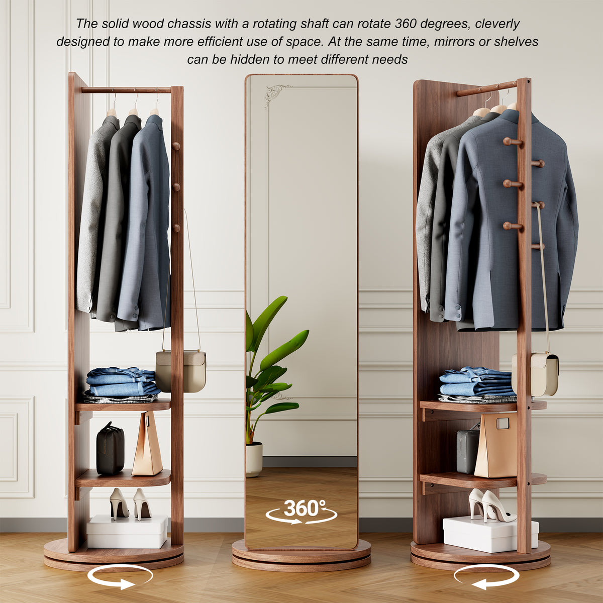 Walnut 360° Rotating Full-Length Mirror, 69" x 20" Solid Wood Floor Mirror with Hooks and Storage Rack for Bedroom, Living Room & Entryway