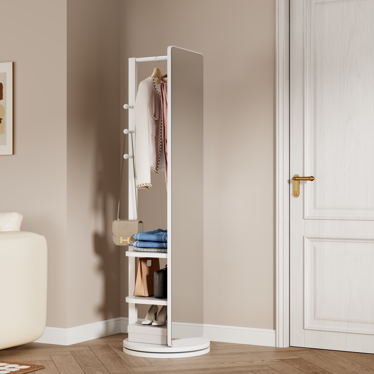White 360° Rotating Full-Length Mirror, 69" x 20" Solid Wood Floor Mirror with Hooks and Storage Rack for Bedroom, Living Room & Entryway