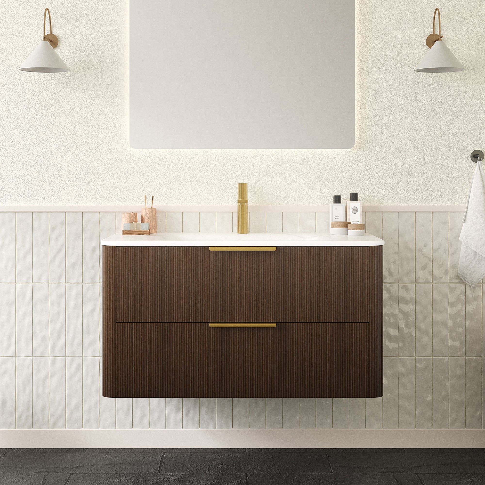 ZANE 36" Bathroom Vanity with Sink, Floating Ultra-Pinstriped Plywood Storage Cabinet with Drawers, Carrara White Sintered Stone Hot-bent Integrated Basin, Pre-assembled, Italy Walnut Woodgrain Color