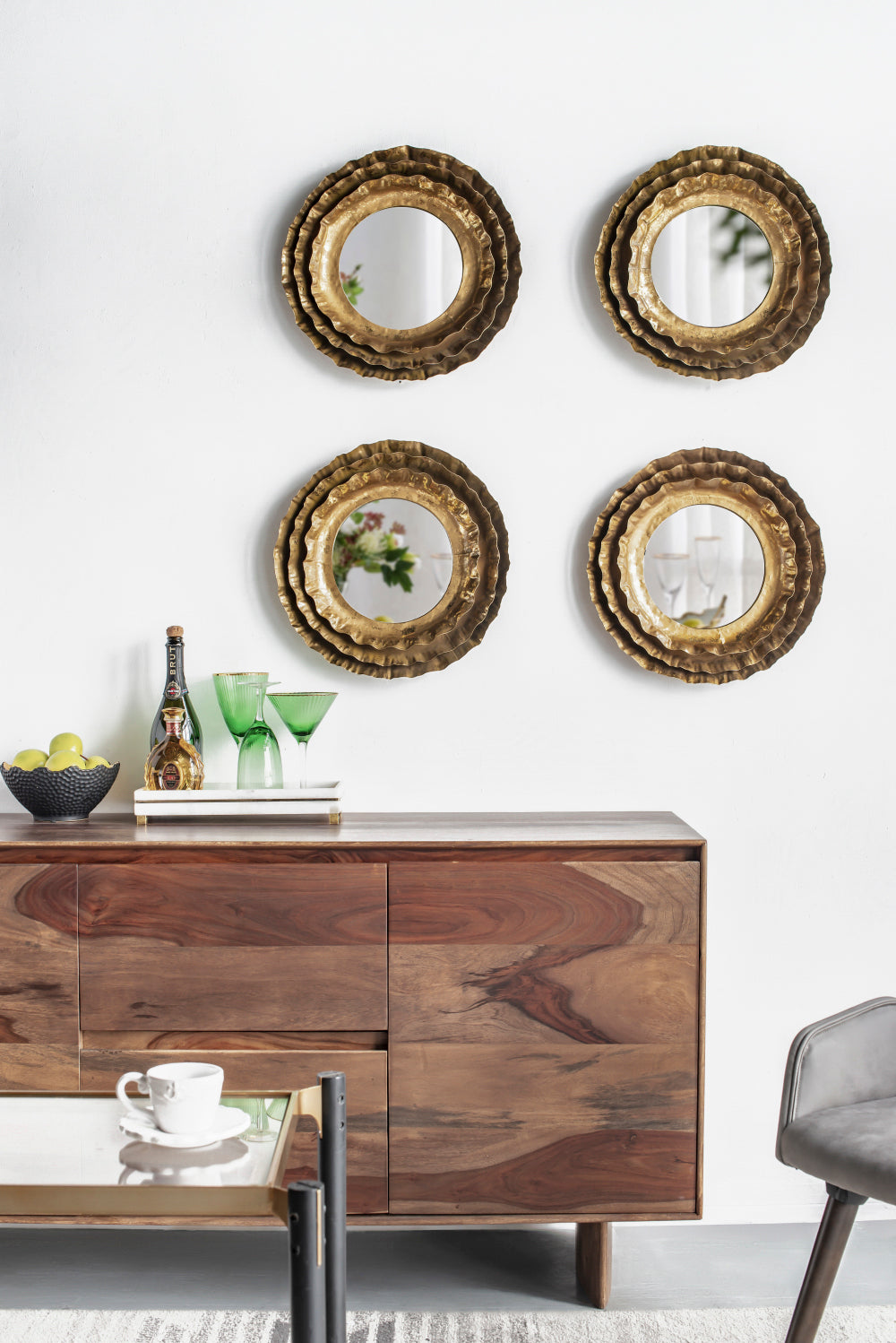 16 Inch Round Wall Mirror with Gold Metal Frame, Mid-Century Modern Flower Accent Mirror for Living Room, Entryway, Mantel & Office