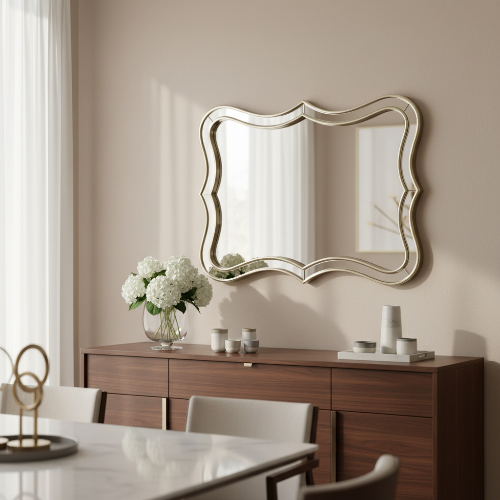 Fleuron Wave-Shaped Decorative Mirror with Champagne Silver Frame, 31'' x 24''