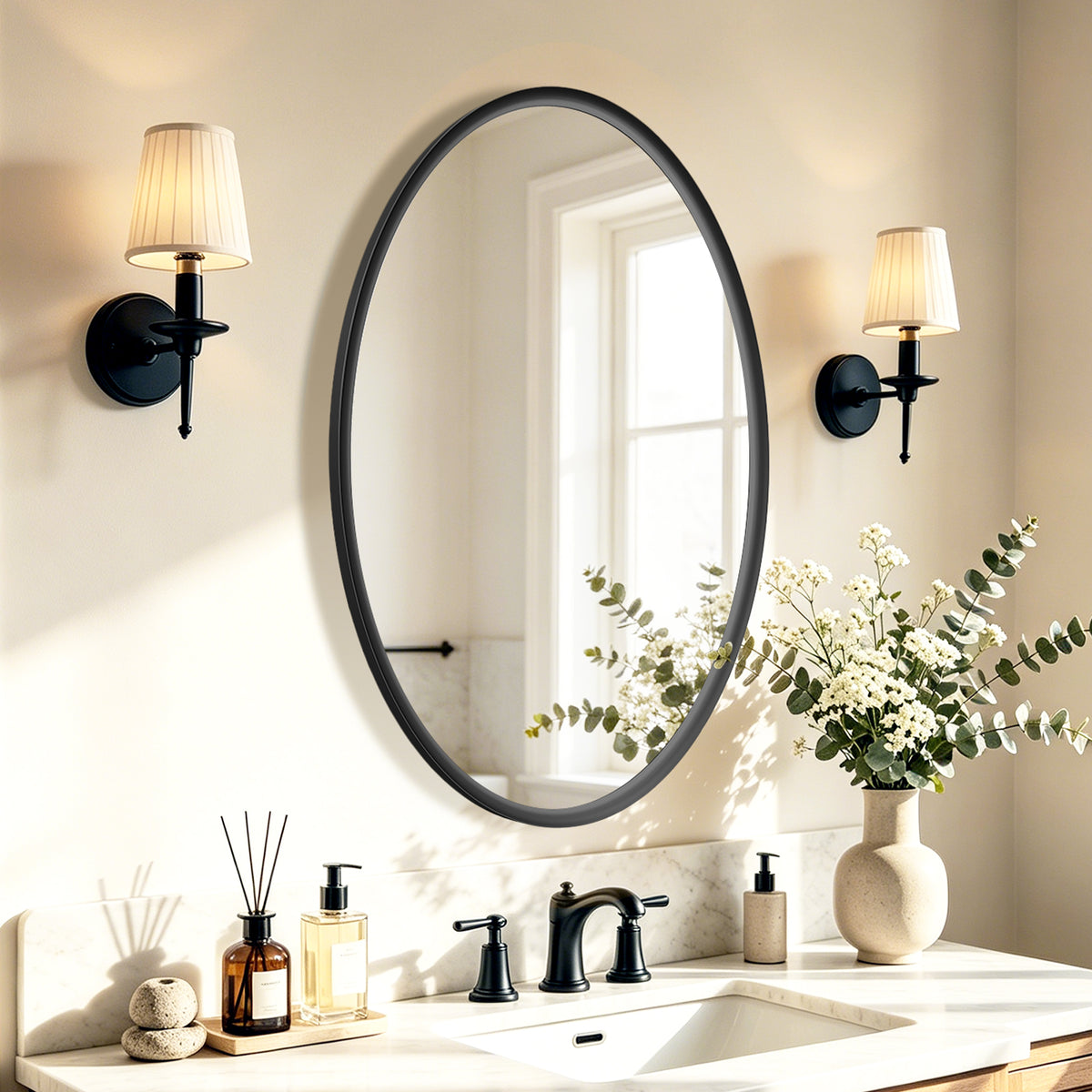 USHOWER Curva Black Oval Bathroom Mirror, 20x28 Inch Oval Mirror