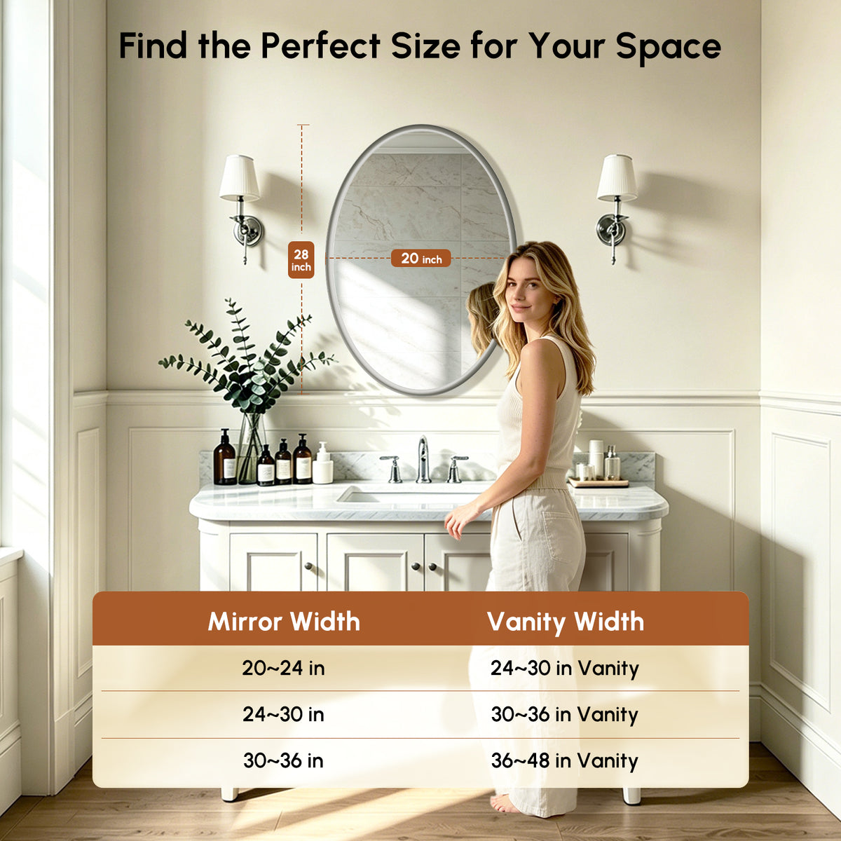 USHOWER Curva Brushed Nickel Oval Bathroom Mirror, 20x28 Inch Oval Mirror