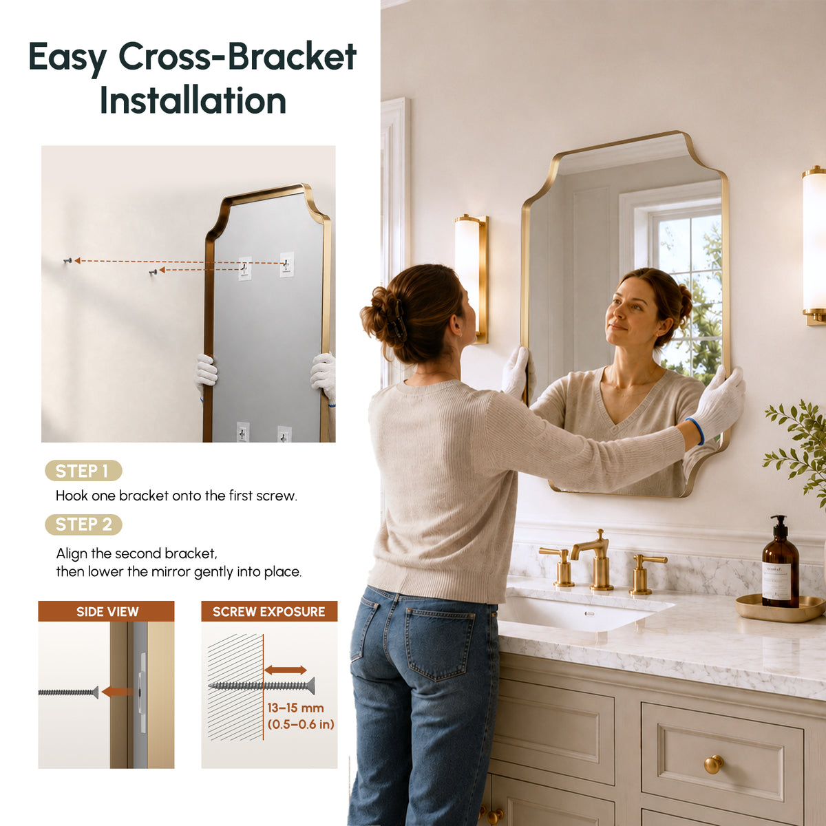 Stainless Steel Frame Gold Scalloped Bathroom Mirror – 22" x 30"