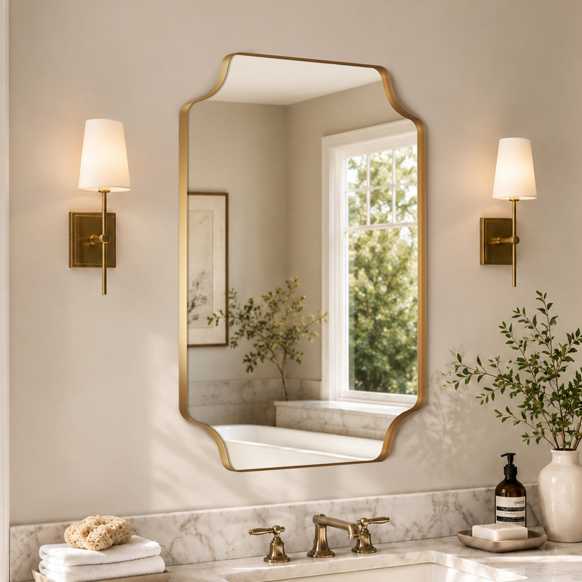 Stainless Steel Frame Gold Scalloped Bathroom Mirror – 22" x 30"