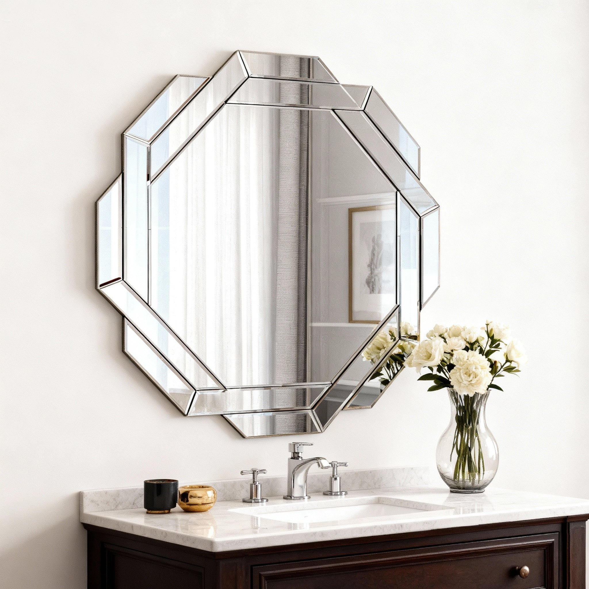 Octagonal Frameless Wall Mirror with Beveled Geometric Design, 29.92''