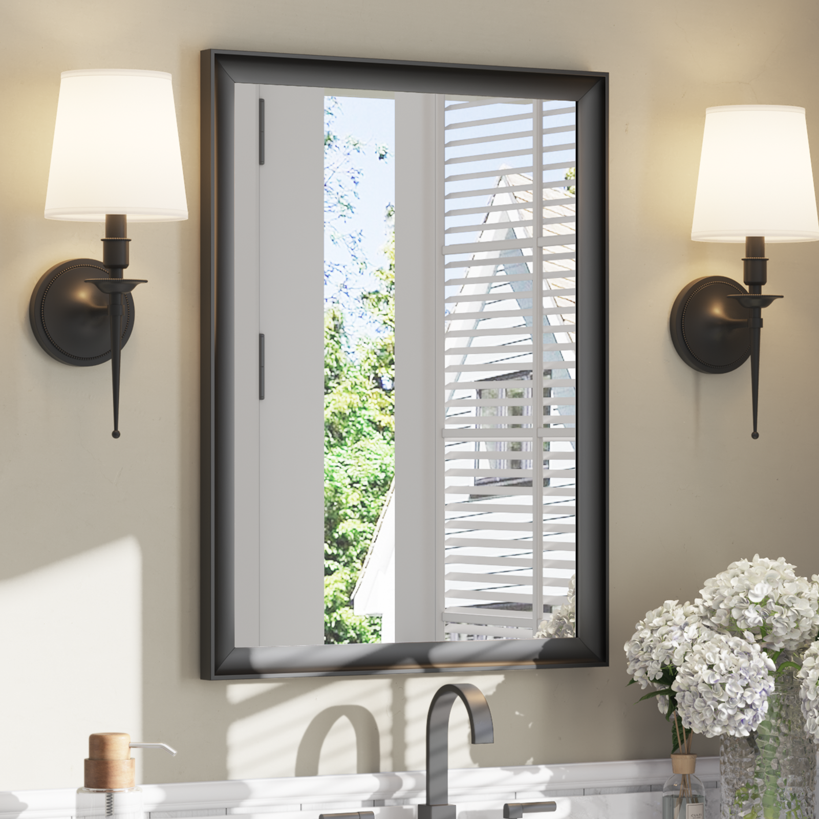 USHOWER Curva Mirror, Rectangular Black Metal Framed Mirror, 22'' x 30''