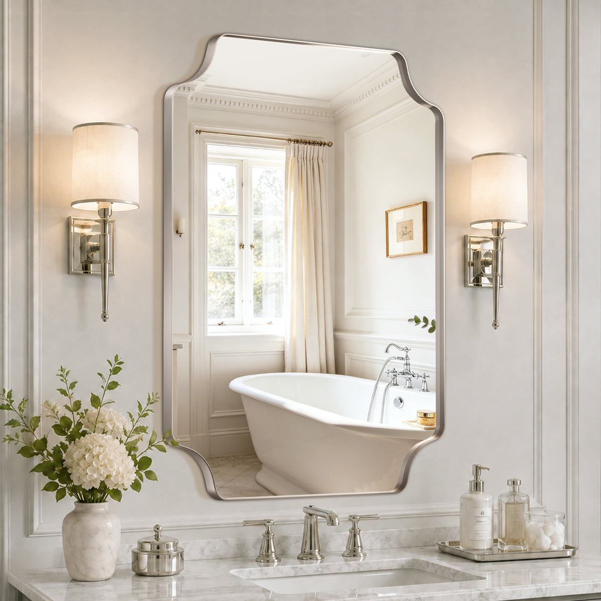 Stainless Steel Frame Silver Scalloped Bathroom Mirror – 24" x 32"