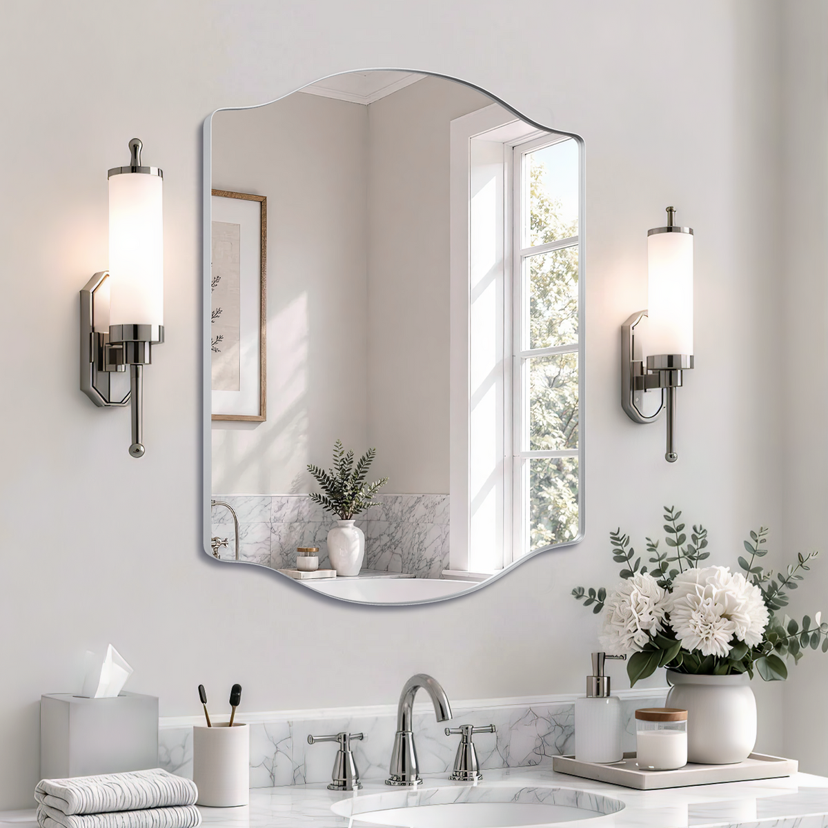 Stainless Steel Frame Silver Double Arch Bathroom Mirror – 24" x 32"