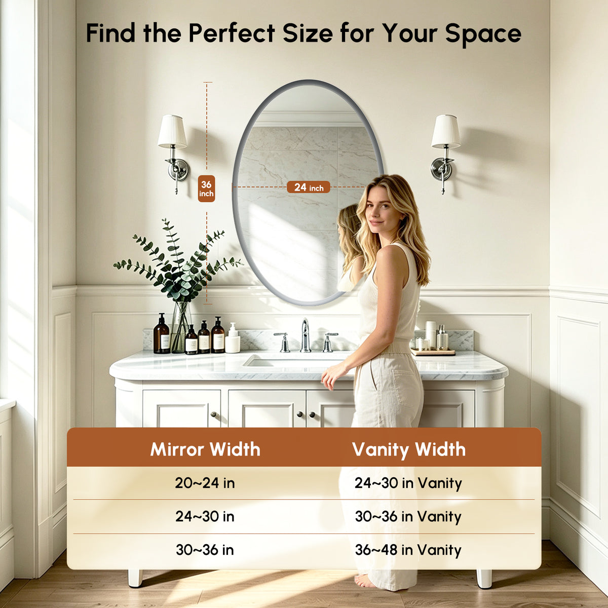 USHOWER Curva Brushed Nickel Oval Bathroom Mirror, 24x36 Inch Oval Mirror