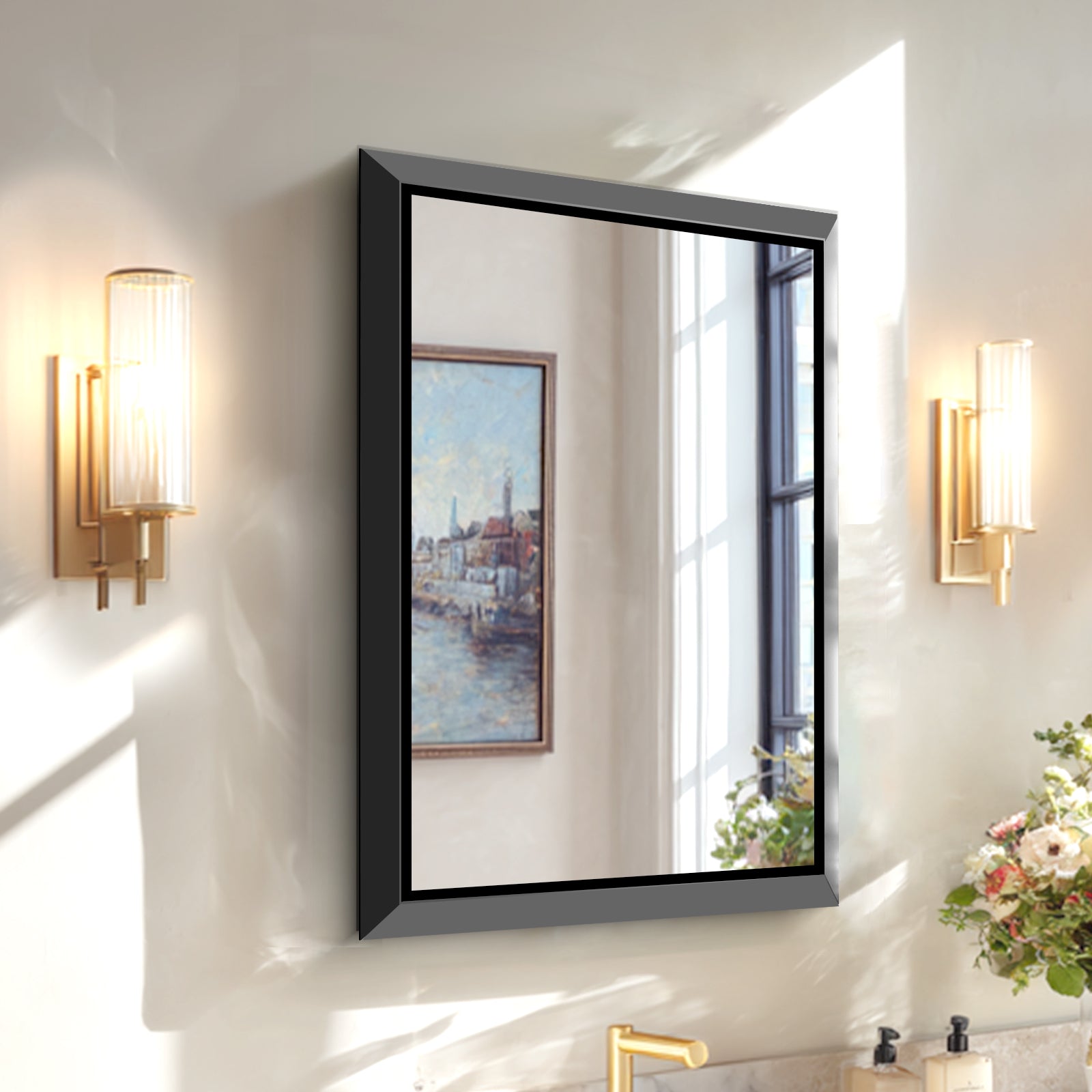 USHOWER Canvas Series Black Beveled Bathroom Mirror 24''x36''