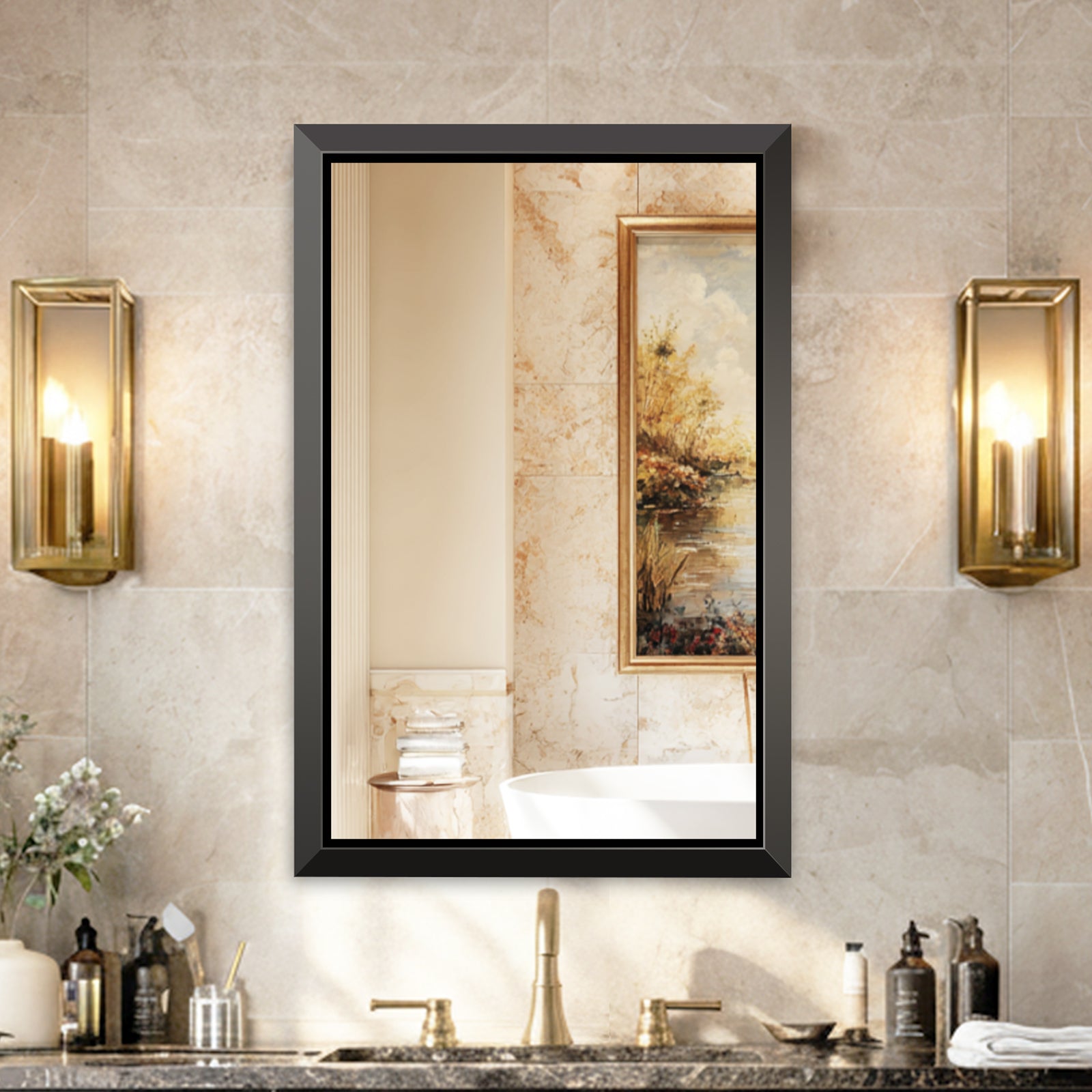 USHOWER Floating Mirror, 24''x36'' Black Beveled Mirror for Wall