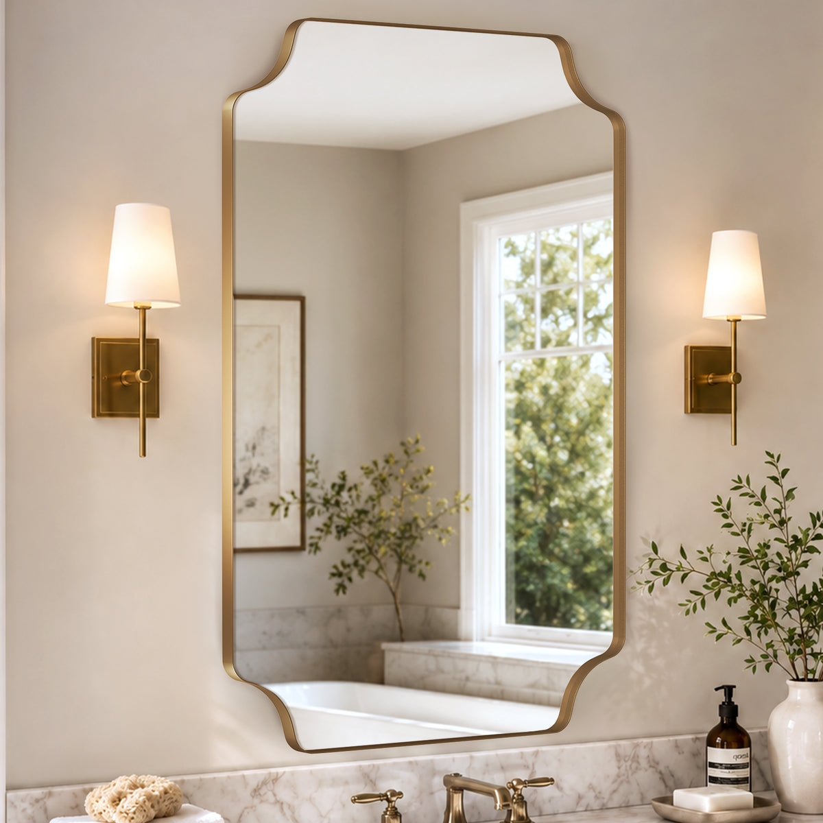 Stainless Steel Frame Gold Scalloped Bathroom Mirror – 24" x 36"
