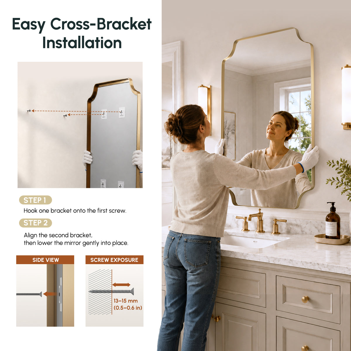 Stainless Steel Frame Gold Scalloped Bathroom Mirror – 24" x 36"