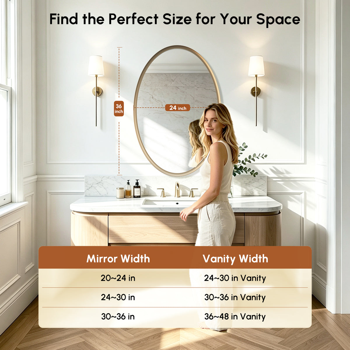 USHOWER Curva Brushed Gold Oval Bathroom Mirror, 24x36 Inch Oval Mirror