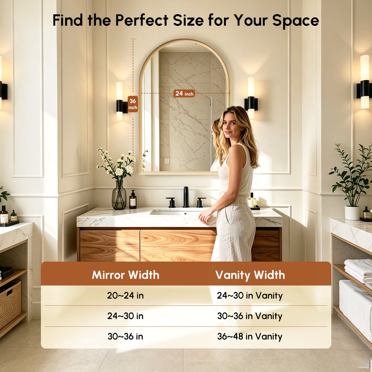 USHOWER Curva Brushed Gold Arched Mirror 24x36 Inch, Arched Bathroom Mirror
