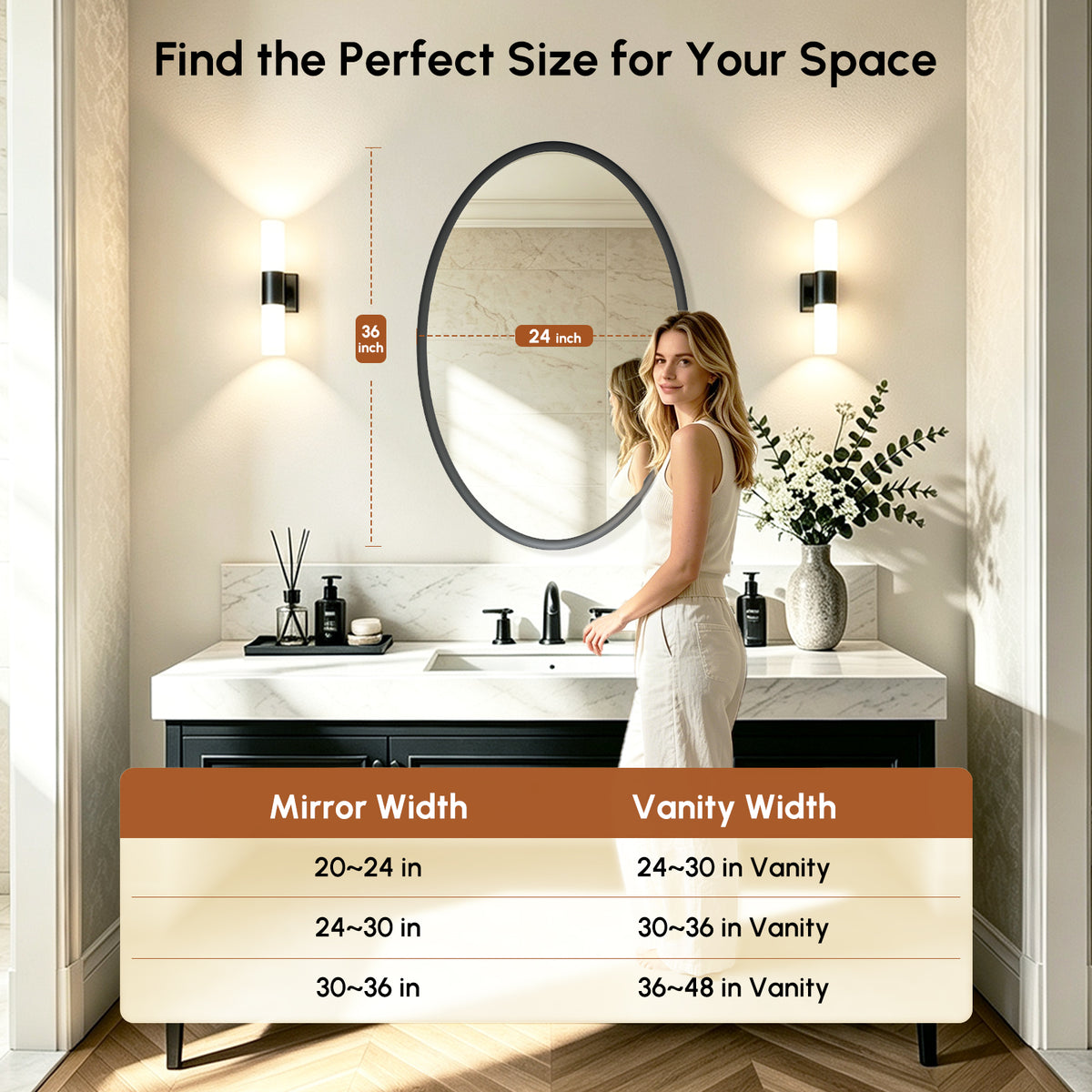 USHOWER Curva Black Oval Bathroom Mirror, 24x36 Inch Oval Mirror
