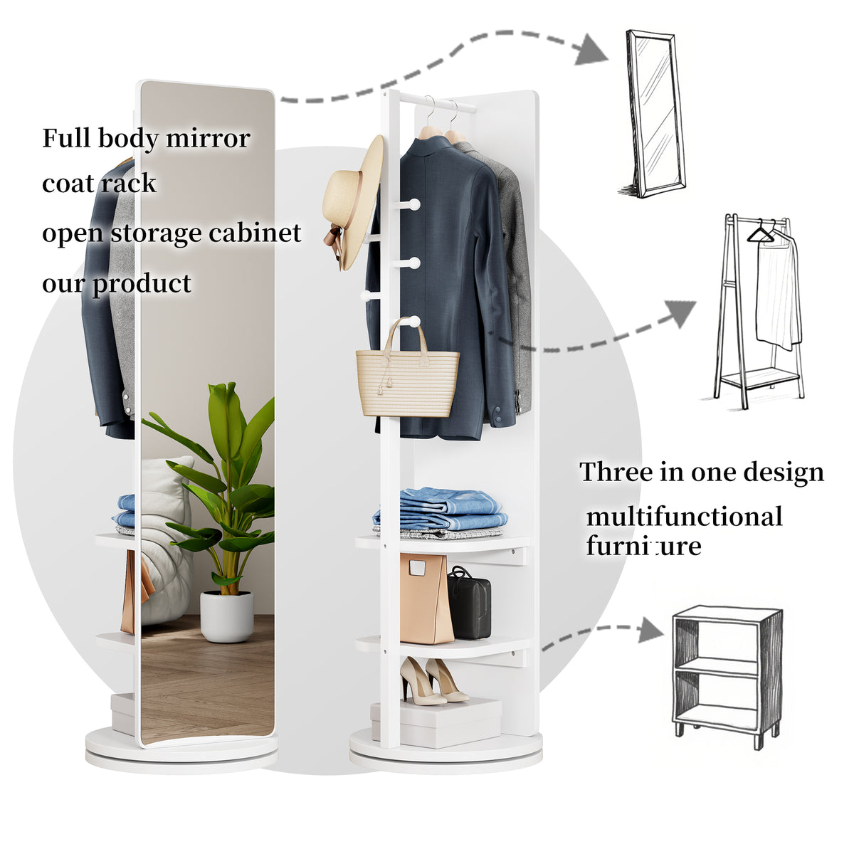 White 360° Rotating Full-Length Mirror, 69" x 20" Solid Wood Floor Mirror with Hooks and Storage Rack for Bedroom, Living Room & Entryway