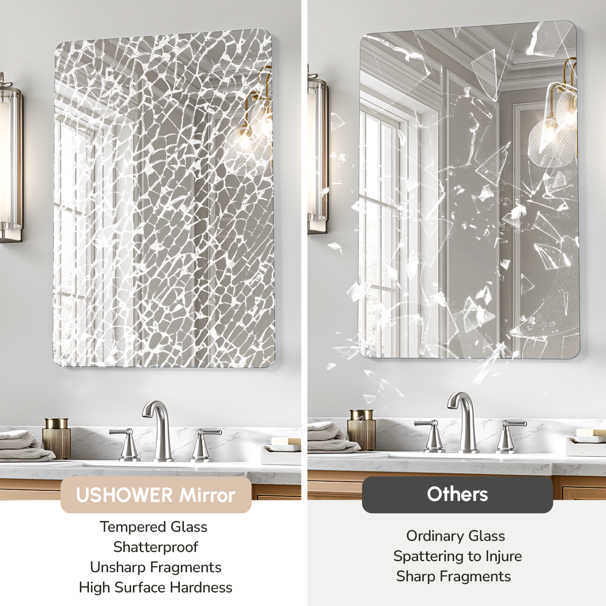 USHOWER Shatterproof Mirror with Tempered Glass – Safe Design Prevents Breakage Compared to Standard Mirrors