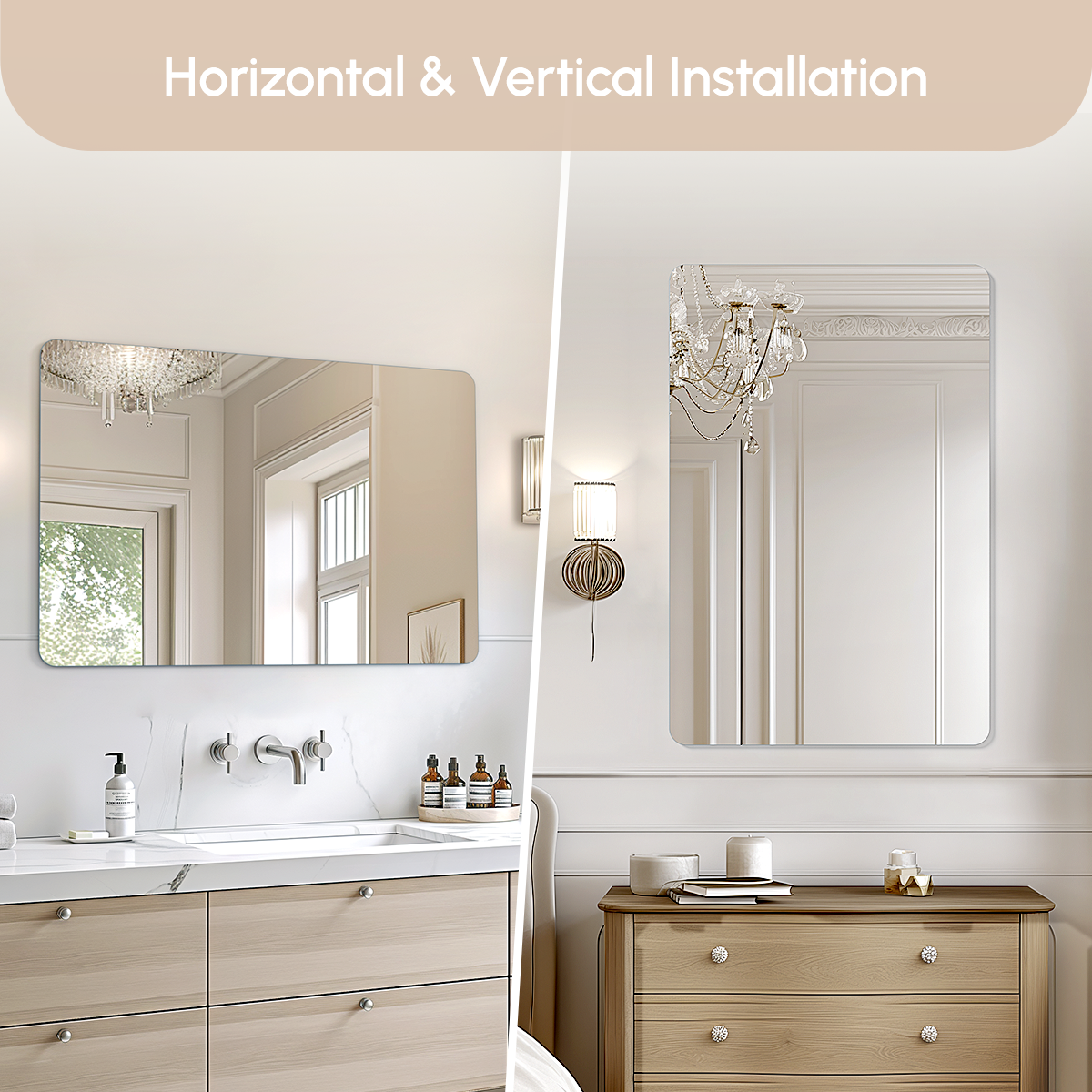 USHOWER Kadra Series 24x36 Frameless Rectangular Bathroom Mirror Hung Vertically and Horizontally Above Vanity