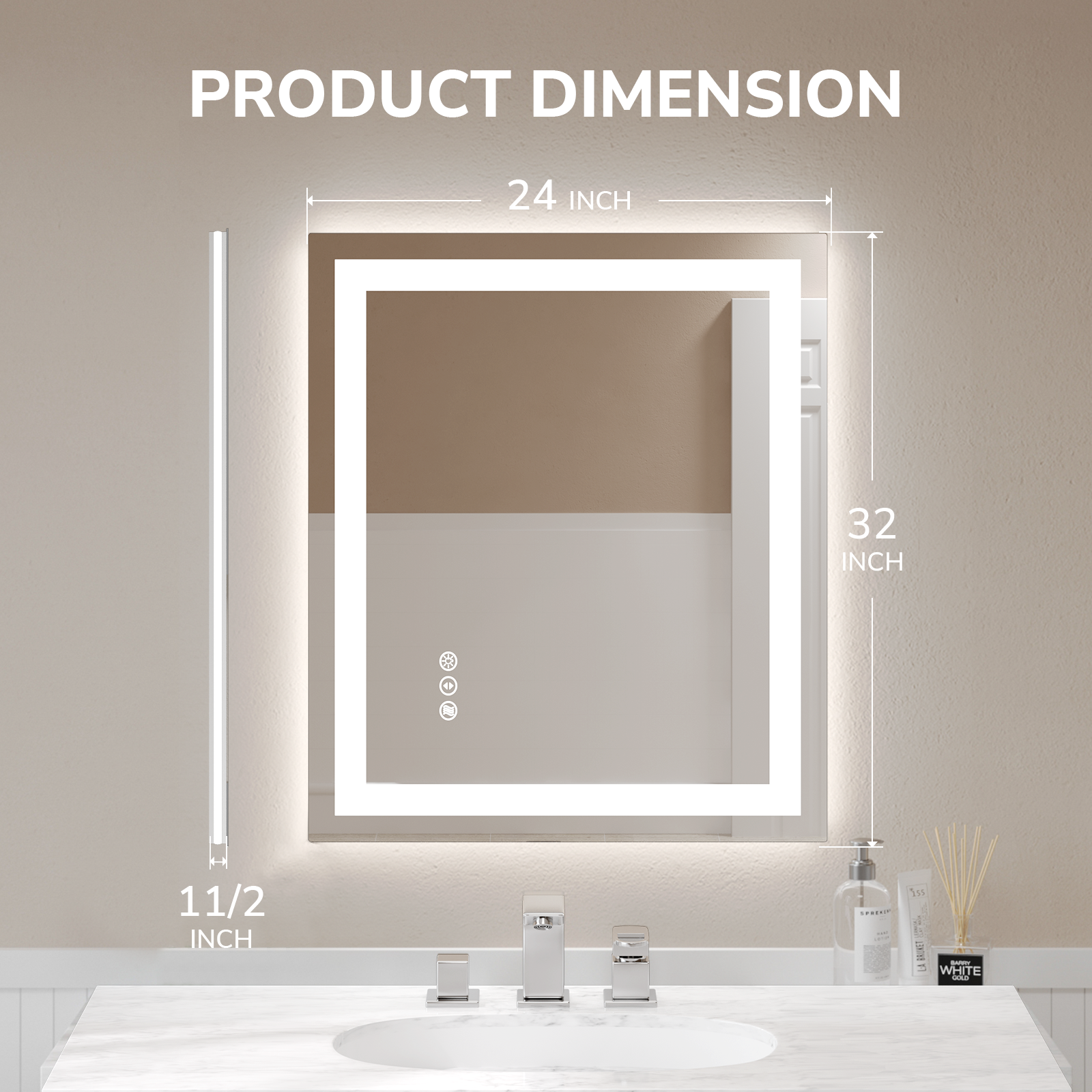 USHOWER 32x24 inch LED vanity mirror with lights 1.5 inch depth vertical or horizontal mount