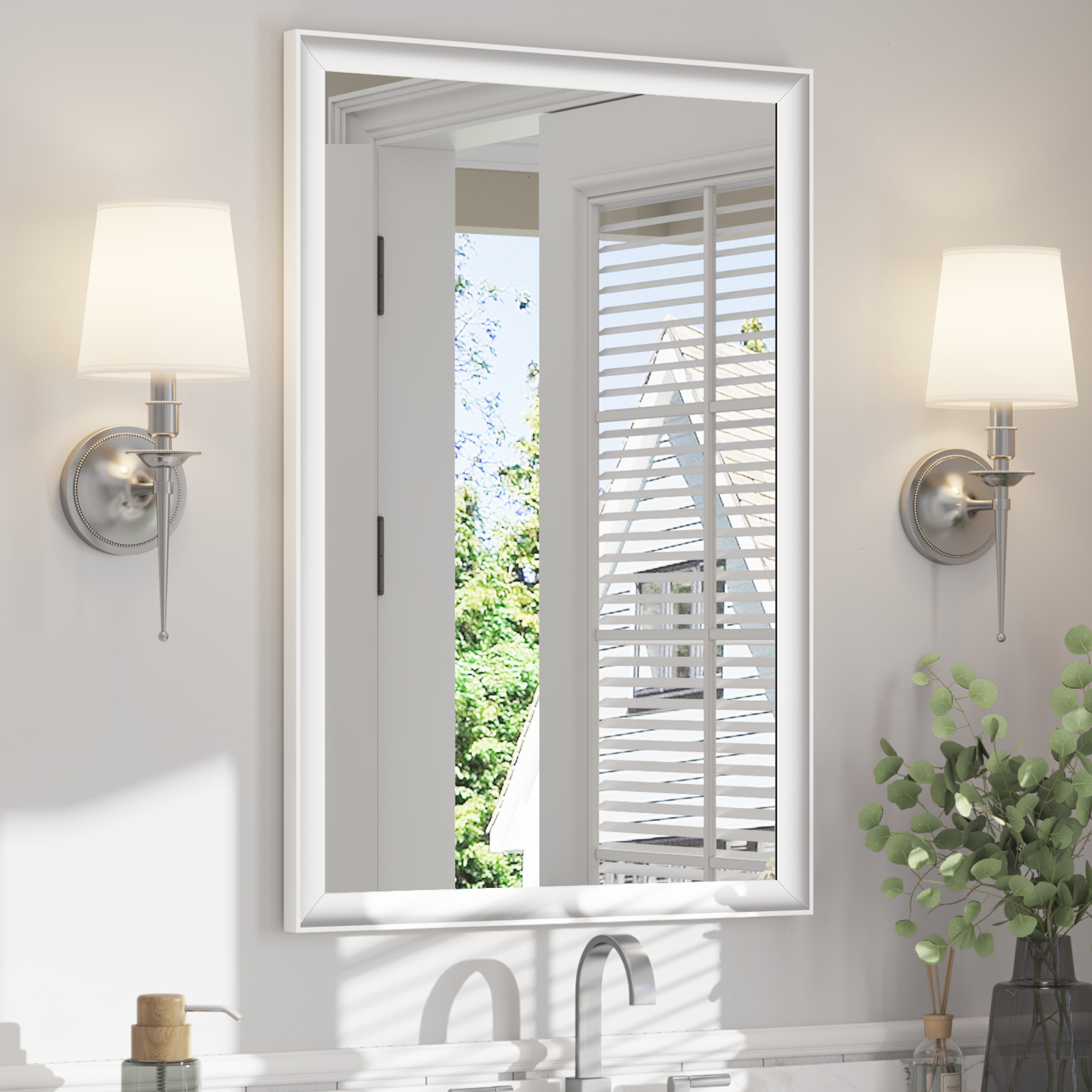 USHOWER Curva Mirror, Rectangular White Metal Framed Mirror, 24'' x 36''