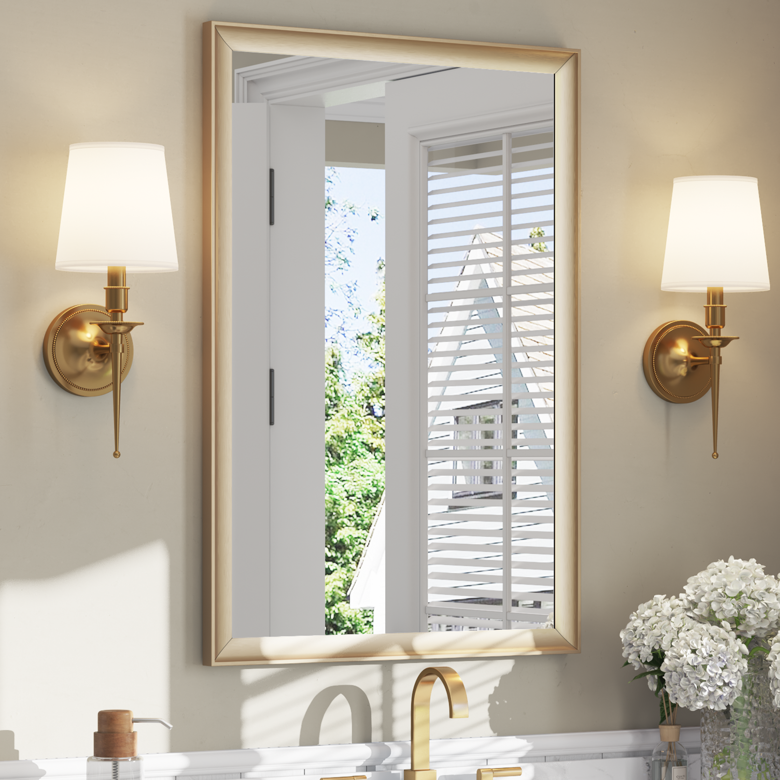 USHOWER Curva Mirror, Rectangular Gold Metal Framed Mirror, 24'' x 36''