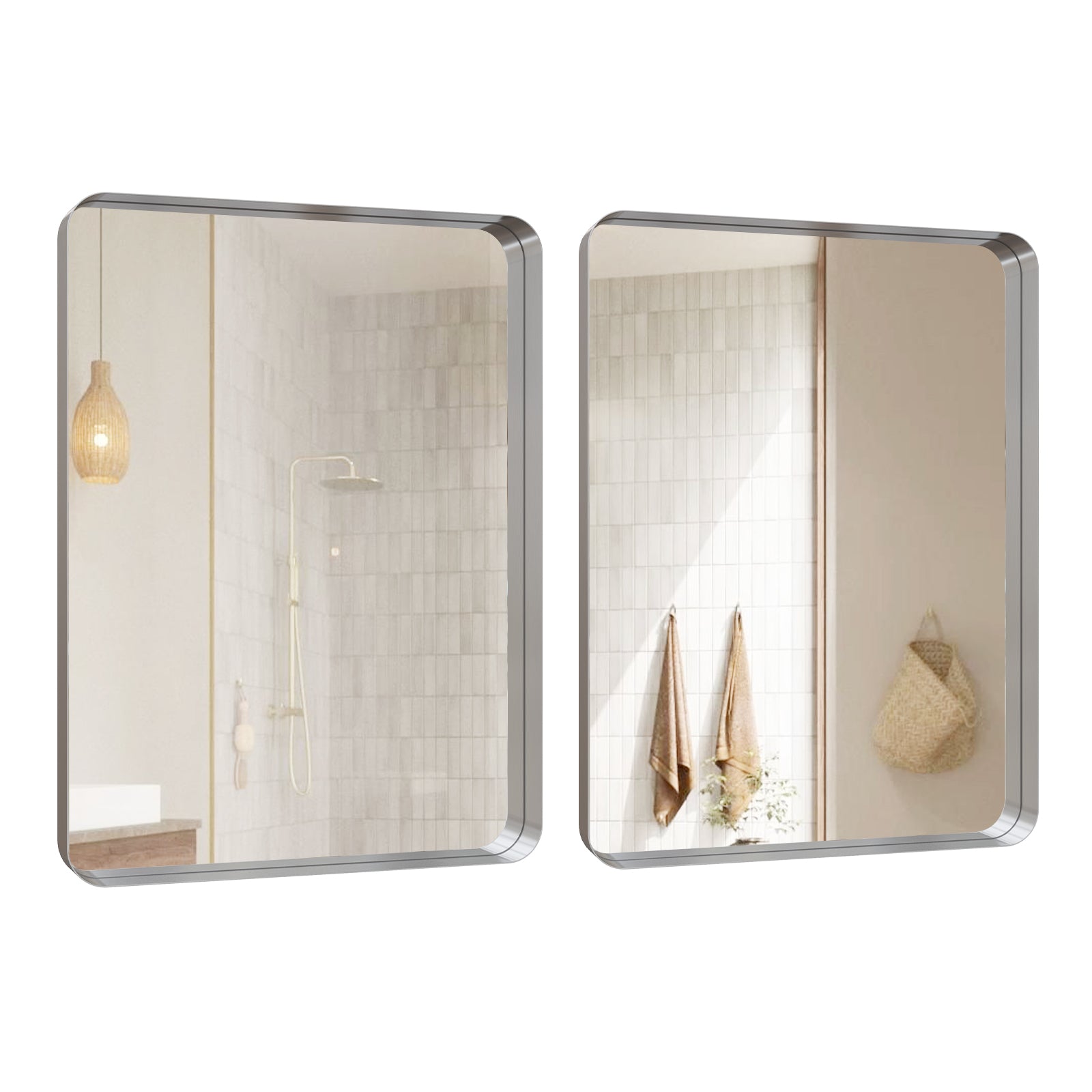 USHOWER 24 x 36 inch rectangular brushed nickel frame bathroom mirrors set of 2 modern wall vanity mirrors