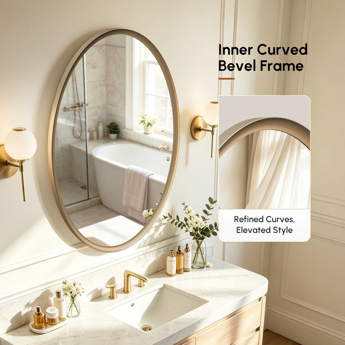 USHOWER Curva Brushed Gold Oval Bathroom Mirror, 24x36 Inch Oval Mirror