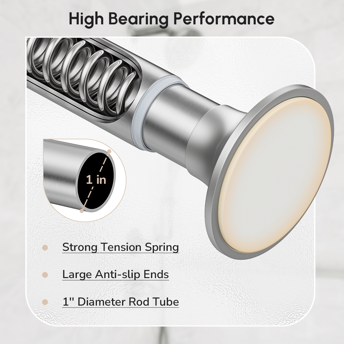 USHOWER Matuko Series – Brushed Nickel Shower Curtain Rod of High Load Capacity with Anti-Slip End Pads for Secure Grip
