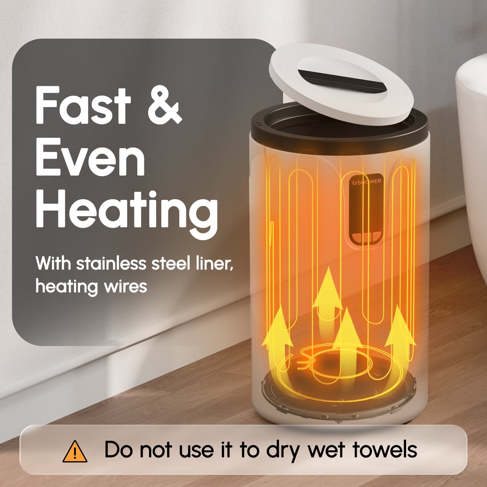 Fast and even heating towel warmer with stainless steel liner and heating wires