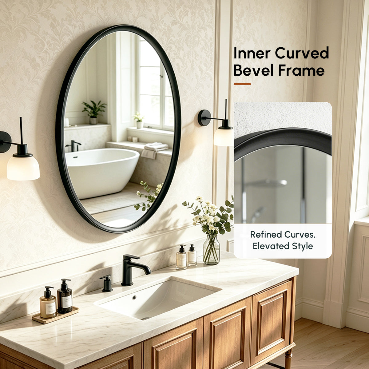 USHOWER Curva Black Oval Bathroom Mirror, 24x36 Inch Oval Mirror