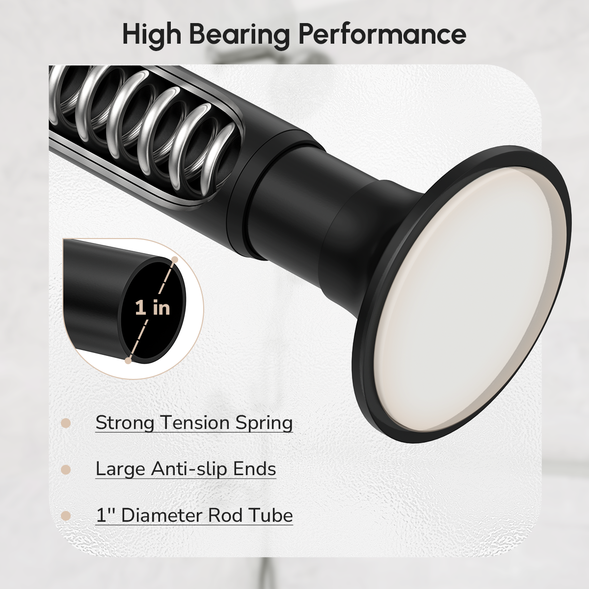 USHOWER Matuko Series – Matte Black Shower Curtain Rod of High Load Capacity with Anti-Slip End Pads for Secure Grip