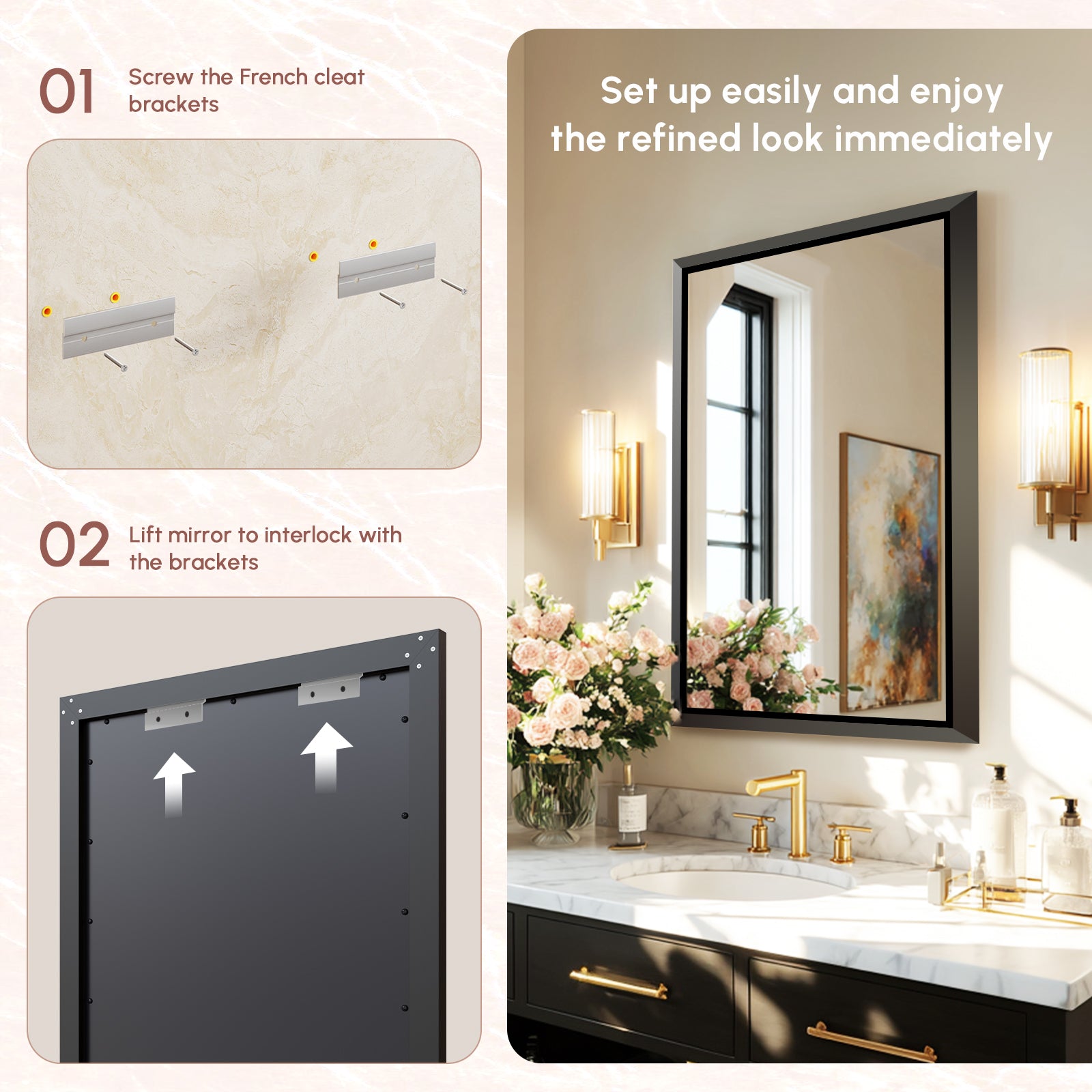 USHOWER Floating Mirror, 24''x36'' Black Beveled Mirror for Wall