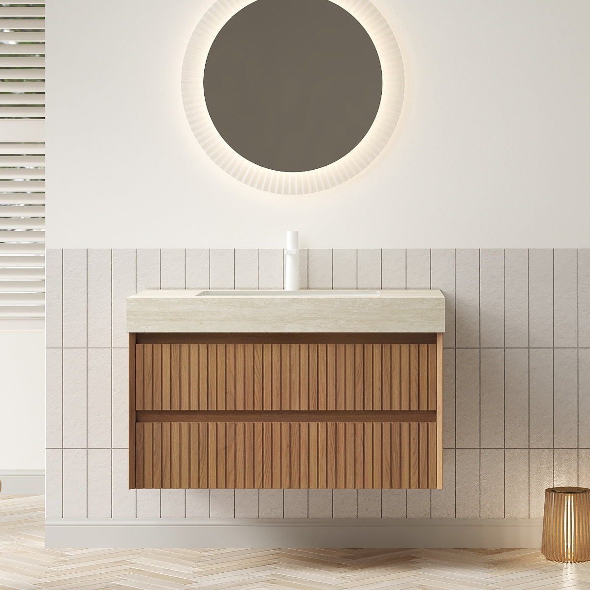 TILLEY 36" Bathroom Vanity&Sink, Floating Striped Plywood Storage Cabinet with 2 Drawers, Travertine-Pattern Sintered Stone Top with Ceramic Undermount Basin, Pre-assembled, Brown Oak Woodgrain Color
