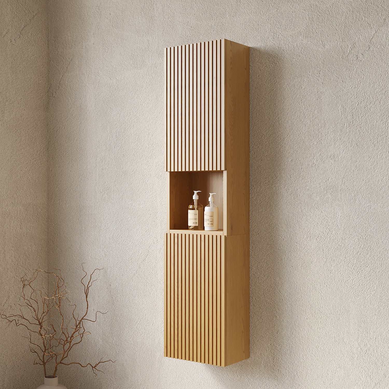 MITCH 59" Tall Bathroom Wall Mounted Cabinet, Narrow Storage Cabinet with Doors and Shelves, Suitable for Small Spaces, Applicable to Bathroom, Living Rooms and Laundry, Corolla Oak Woodgrain Color