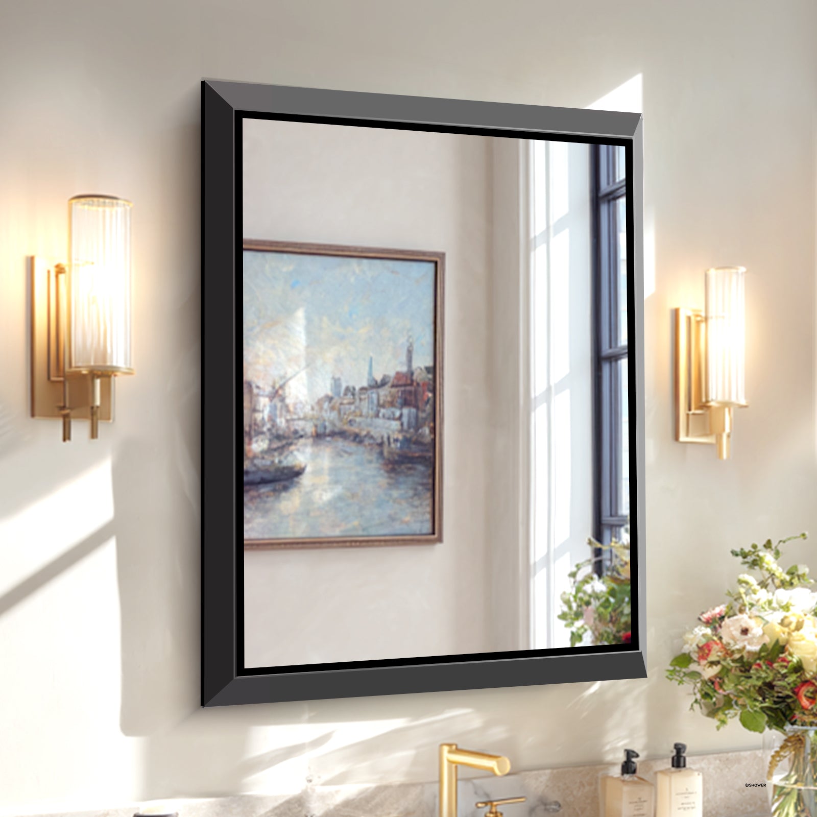 USHOWER Canvas Series Black Beveled Bathroom Mirror 30''x36''
