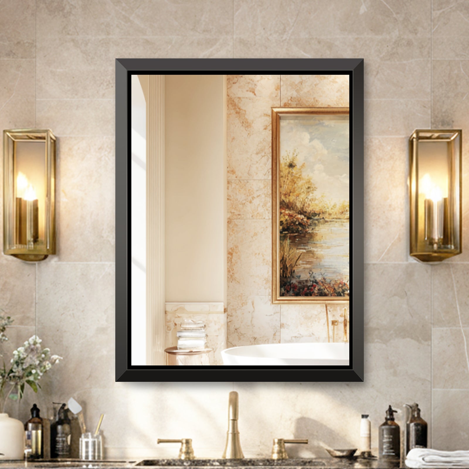 USHOWER Floating Mirror, 30''x36'' Black Beveled Mirror for Wall