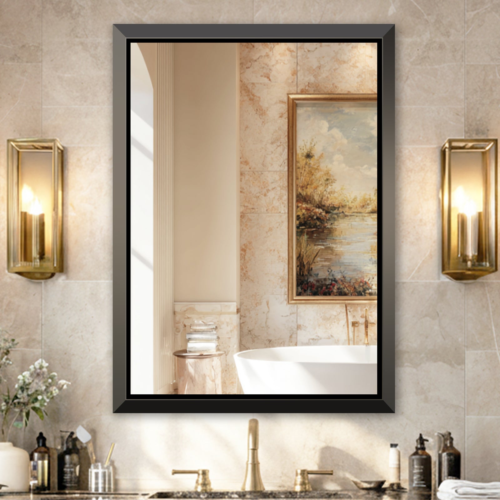 USHOWER Floating Mirror, 30''x40'' Black Beveled Mirror for Wall