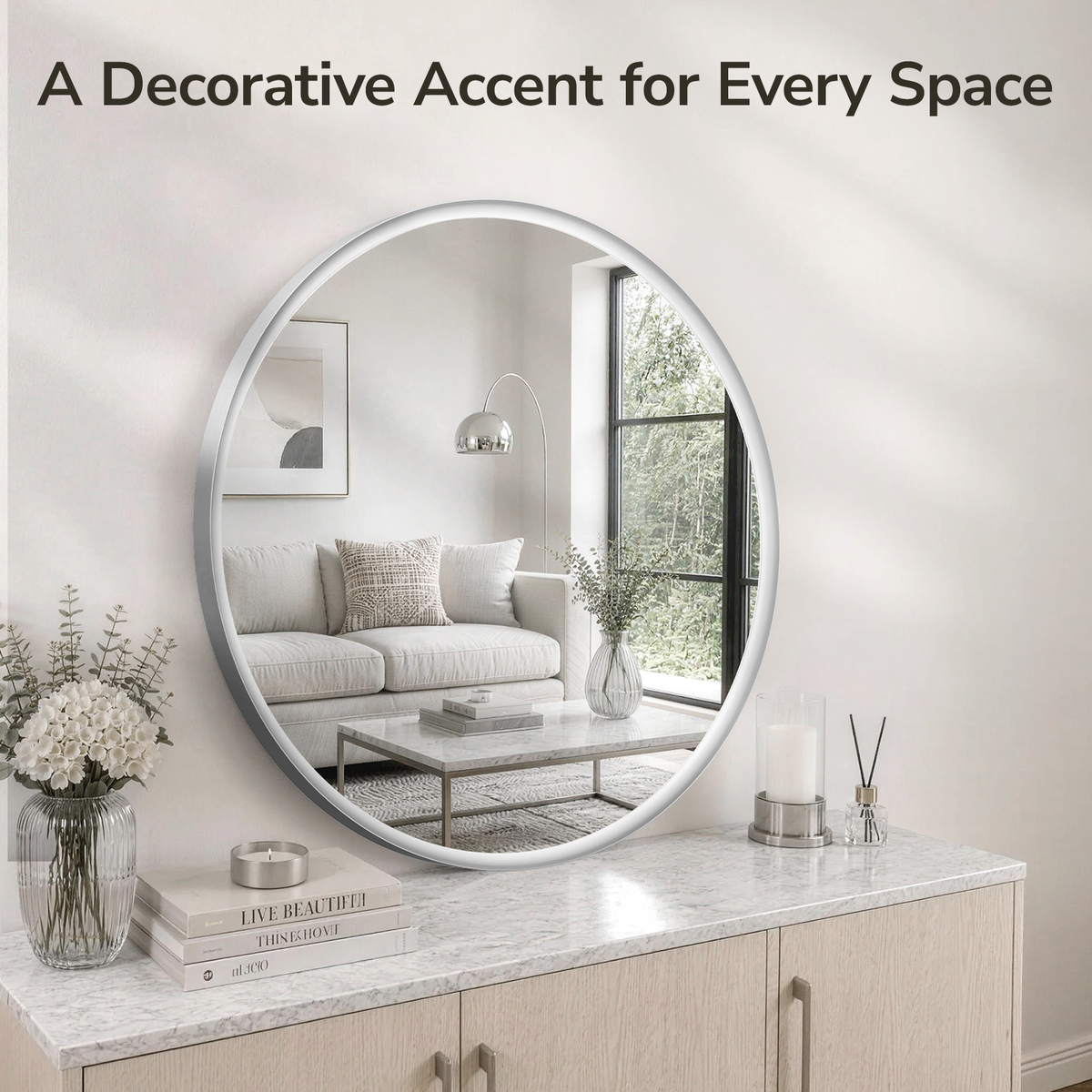 USHOWER Curva Round Bathroom Mirror 30 Inch, Brushed Nickel Circle Mirror Over Sink Vanity
