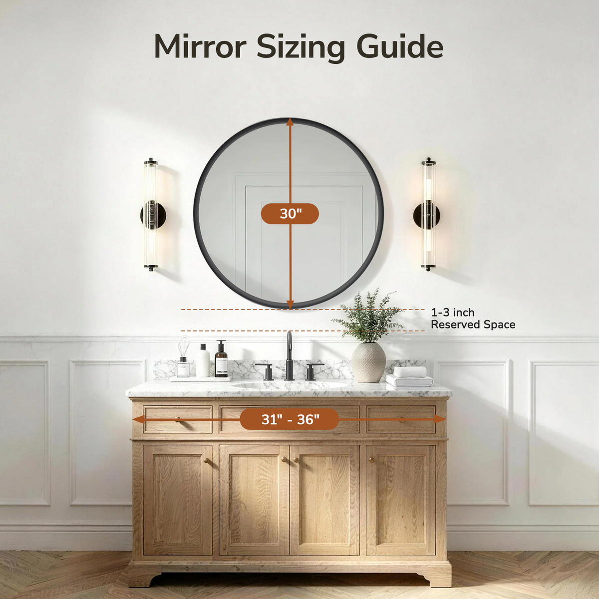 USHOWER Curva Round Bathroom Mirror 30 Inch, Black Circle Mirror Over Sink Vanity