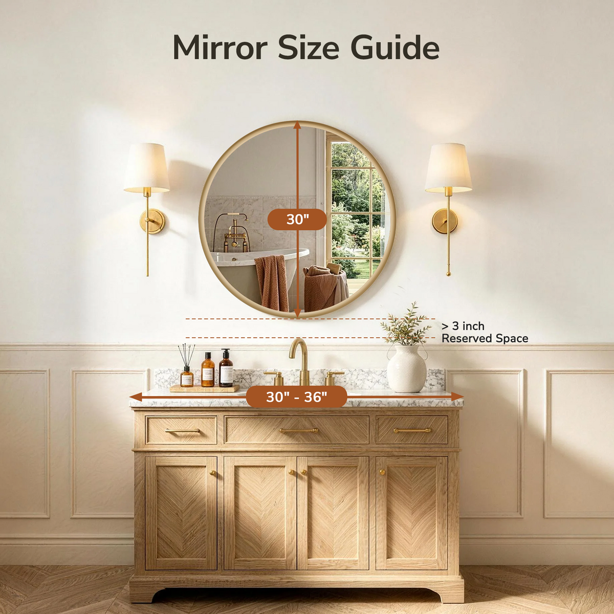 USHOWER Curva Round Bathroom Mirror 30 Inch, Brushed Gold Circle Mirror Over Sink Vanity