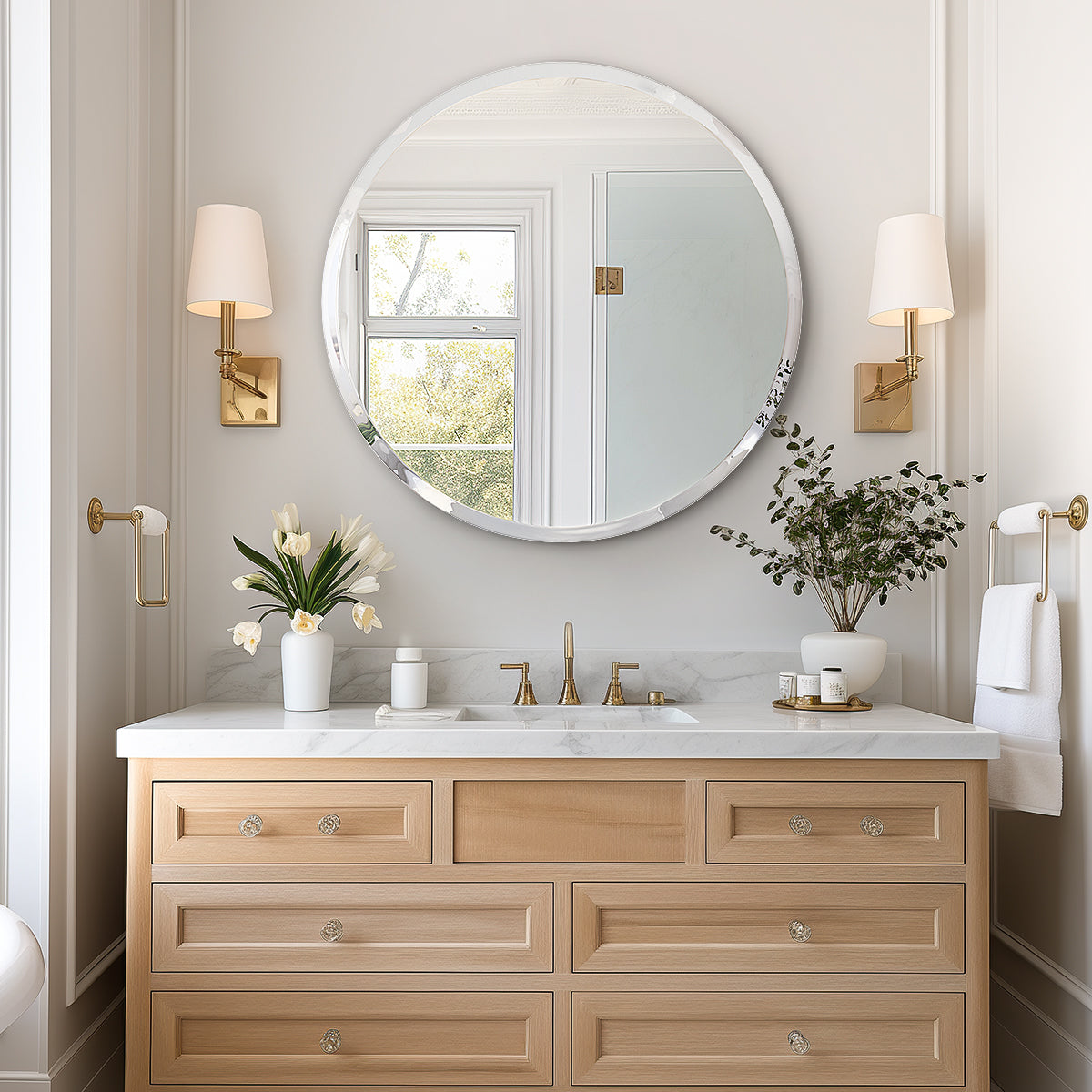 USHOWER Kadra Series 30 Frameless Round Bathroom Mirror Above Vanity with Wood Base, Gold Faucet, and Towel Rings