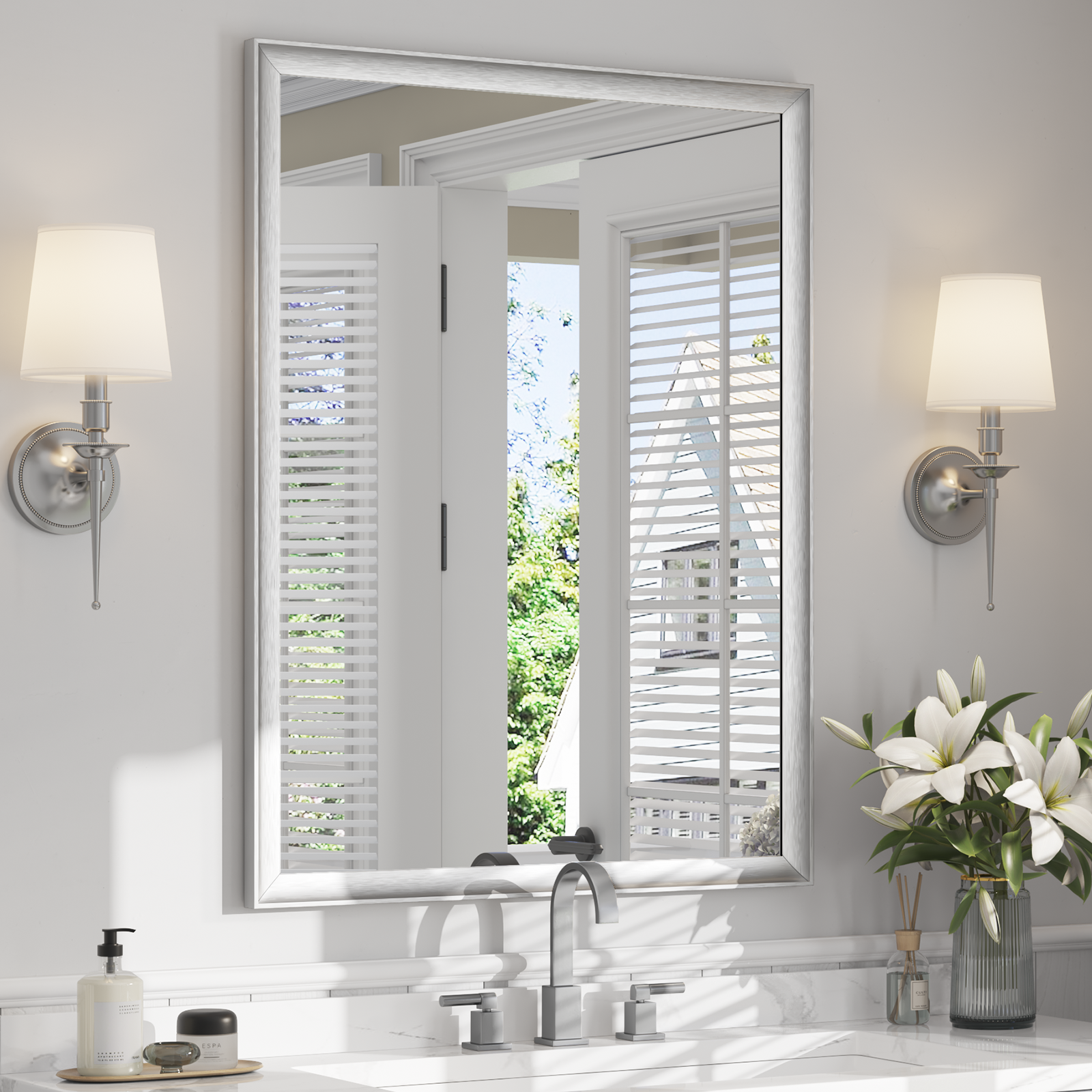 USHOWER Curva Mirror, Rectangular Silver Metal Framed Mirror, 30'' x 40''