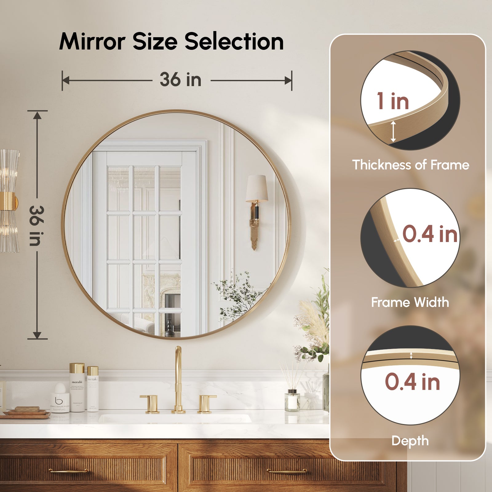 USHOWER Orar Gold Round Bathroom Mirror, 36''